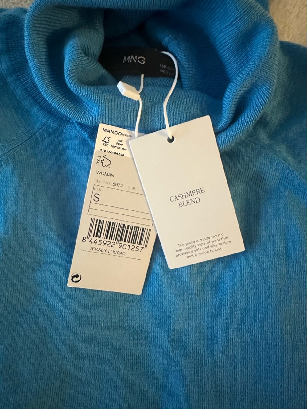 Mango Cashmere Blend Blue Turtleneck Sweater